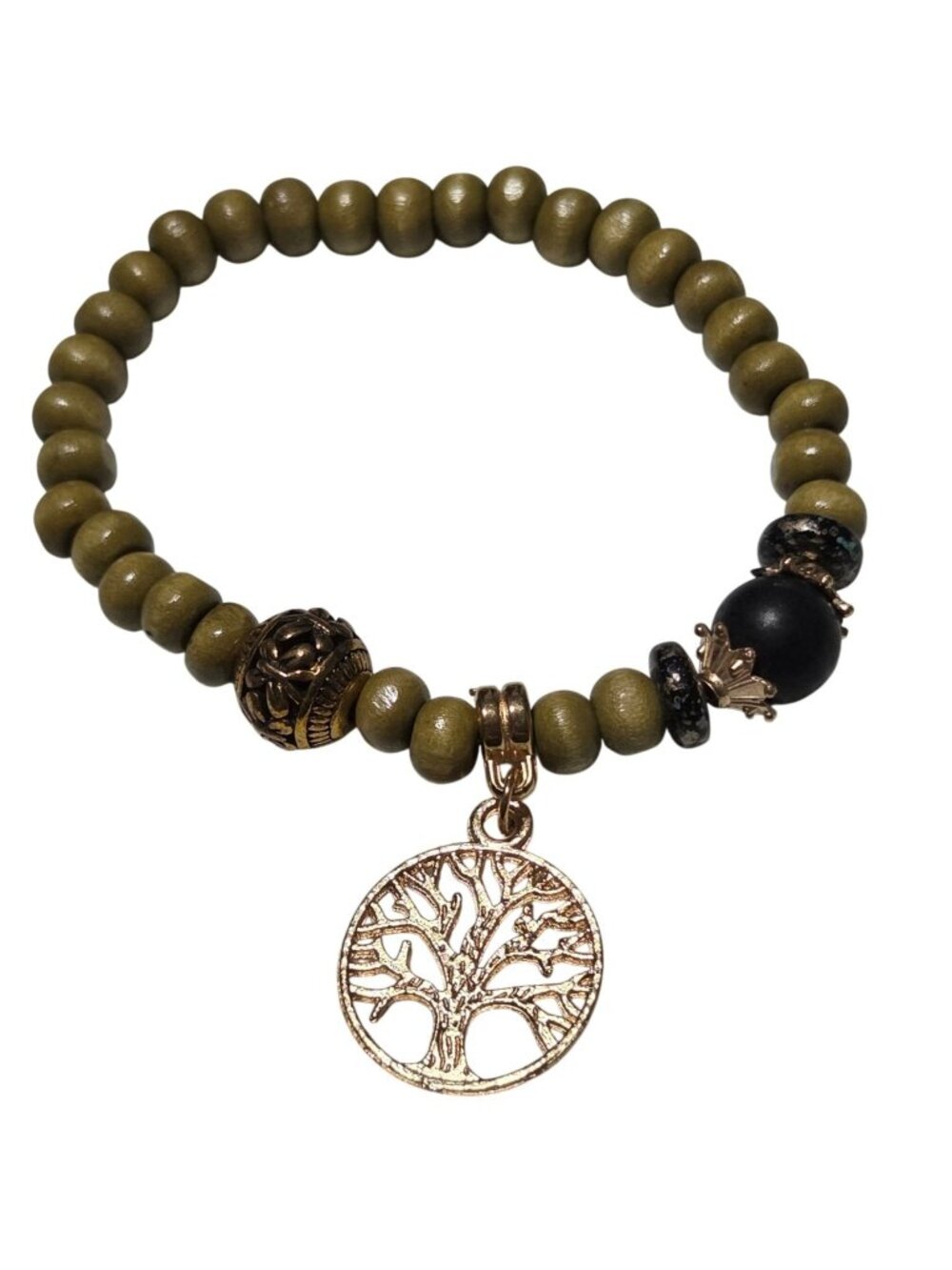Tree Of Life Beaded Bracelet With Gold Accents & Black Beads Stretch Fit Lightwe